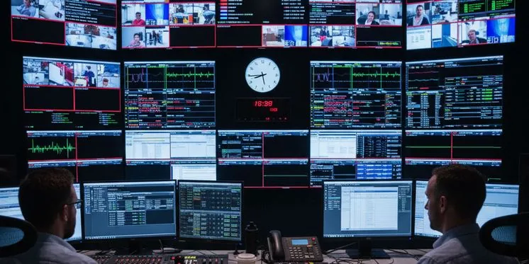 A broadcast gallery monitor wall under Buttons control